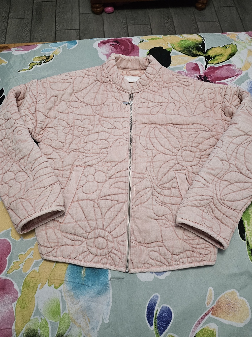 Anthropologie Blush Quilted Floral-Texture Jacket